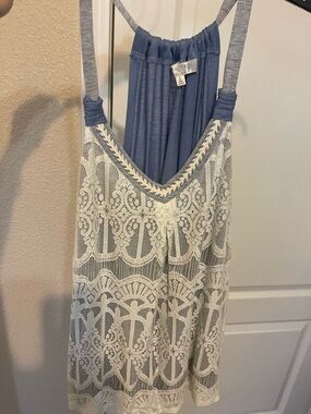 Jolt Blue Tank Top with White Lace Overlay